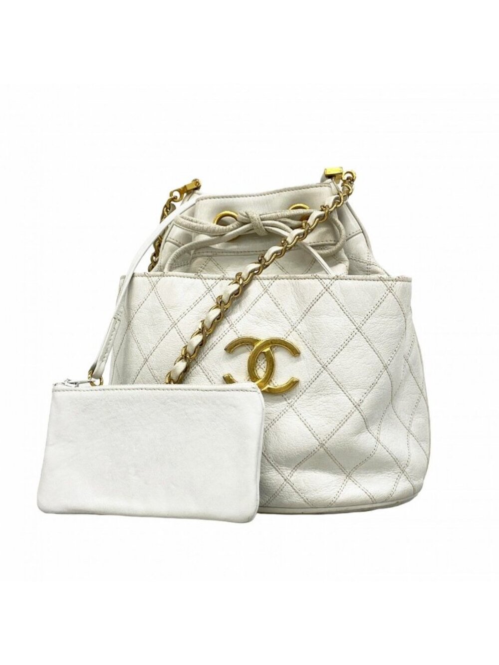 Chanel Shoulder Bag Bicolor Leather White Gold
